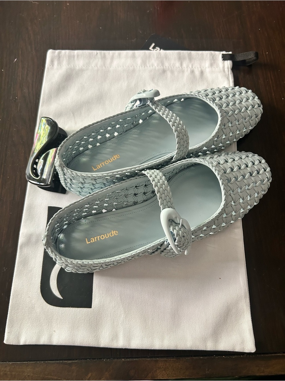 New Larroude light blue woven mary janes